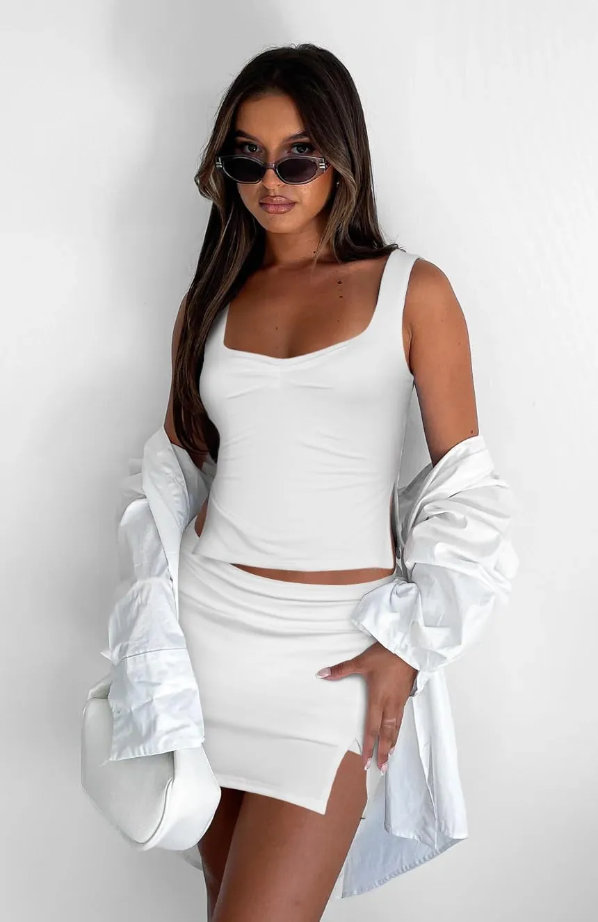 Skirt Sets Women 2 Piece Outfits - Sexy Two Pc Backless Tank Crop Top Pleated Mini Skirts Suits Dresses