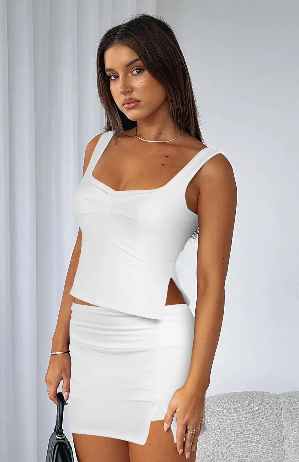 Skirt Sets Women 2 Piece Outfits - Sexy Two Pc Backless Tank Crop Top Pleated Mini Skirts Suits Dresses