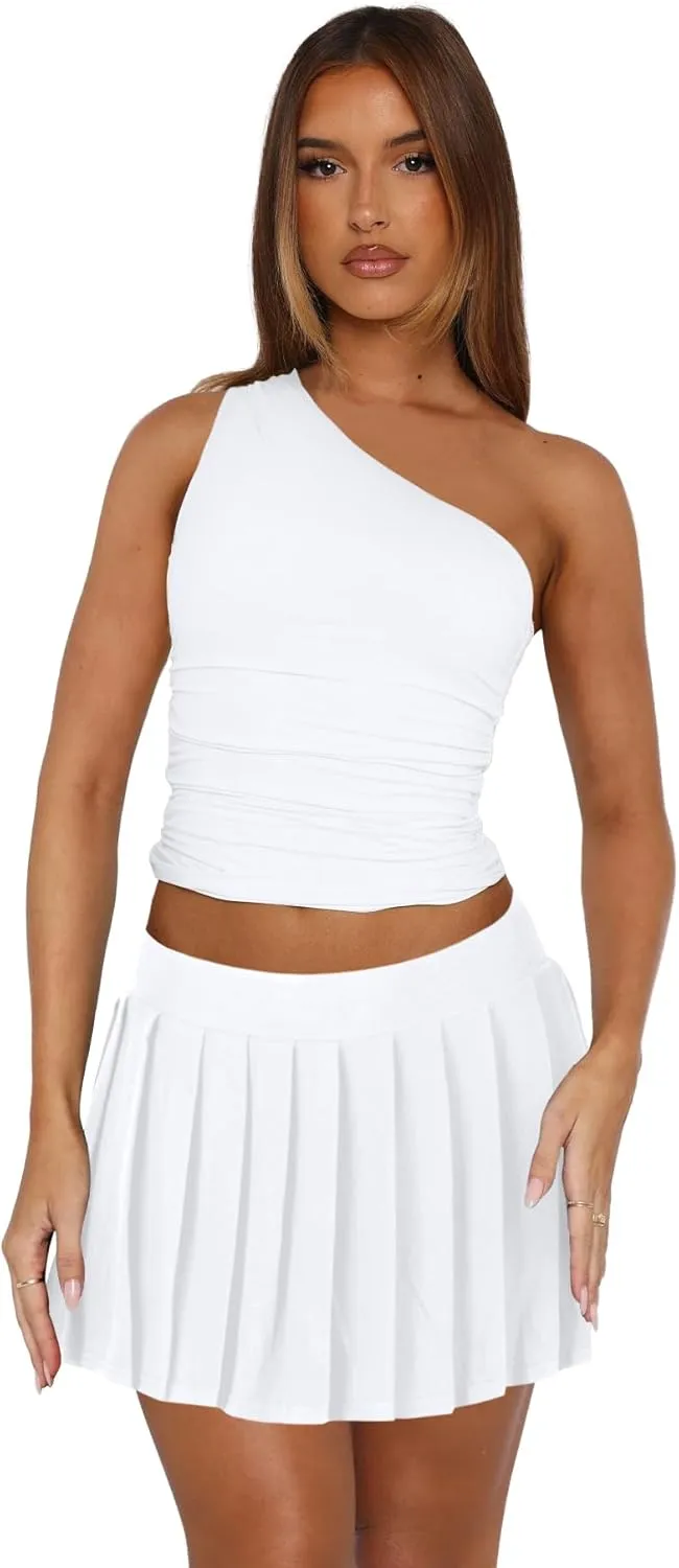 Skirt Sets Women 2 Piece Outfits - Sexy Two Pc One Shoulder Tank Crop Top Pleated Mini Skirts Suits Dresses