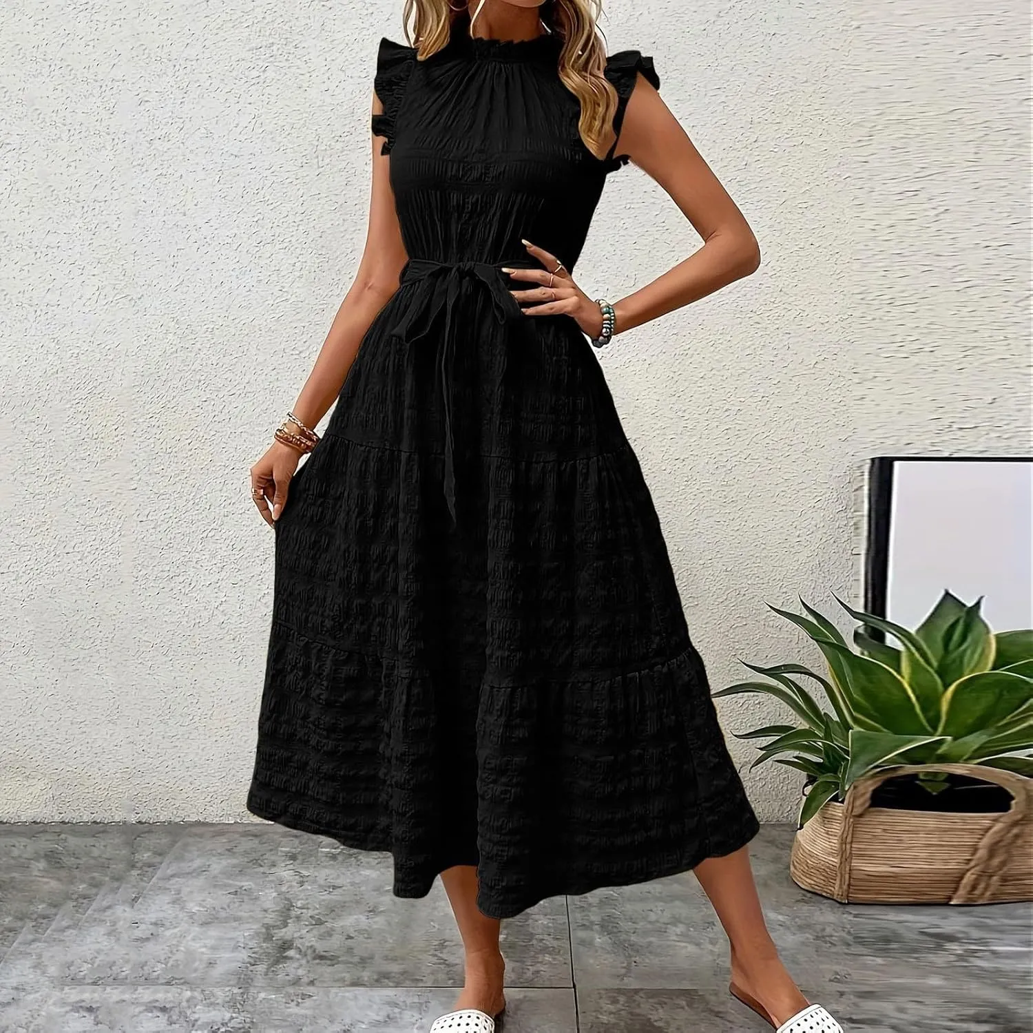 Sleeveless Dresses for Women 2024, Women's Casual Feather V Neck Retro Long Dress Vacation Beach Sun, S XXL
