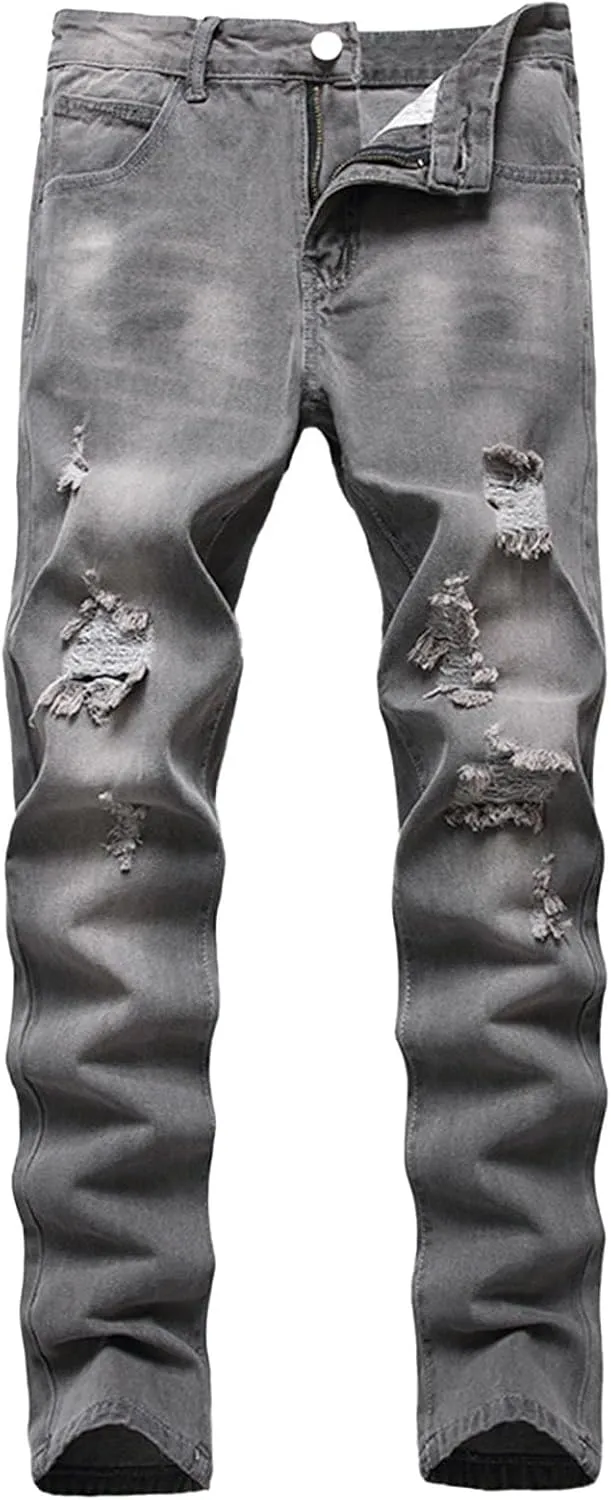 Slim Fit Ripped Jeans for Men Destroyed Distressed Stretch Slim Jeans Pants Hip Hop Y2K Streetwear Denim Pants