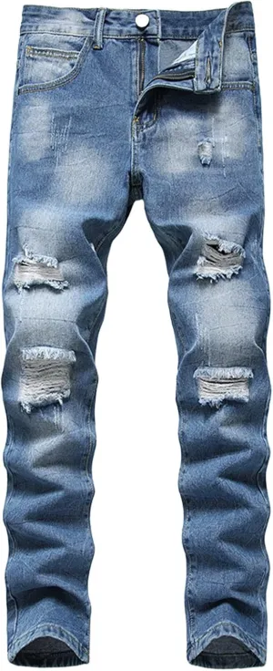 Slim Fit Ripped Jeans for Men Destroyed Distressed Stretch Slim Jeans Pants Hip Hop Y2K Streetwear Denim Pants