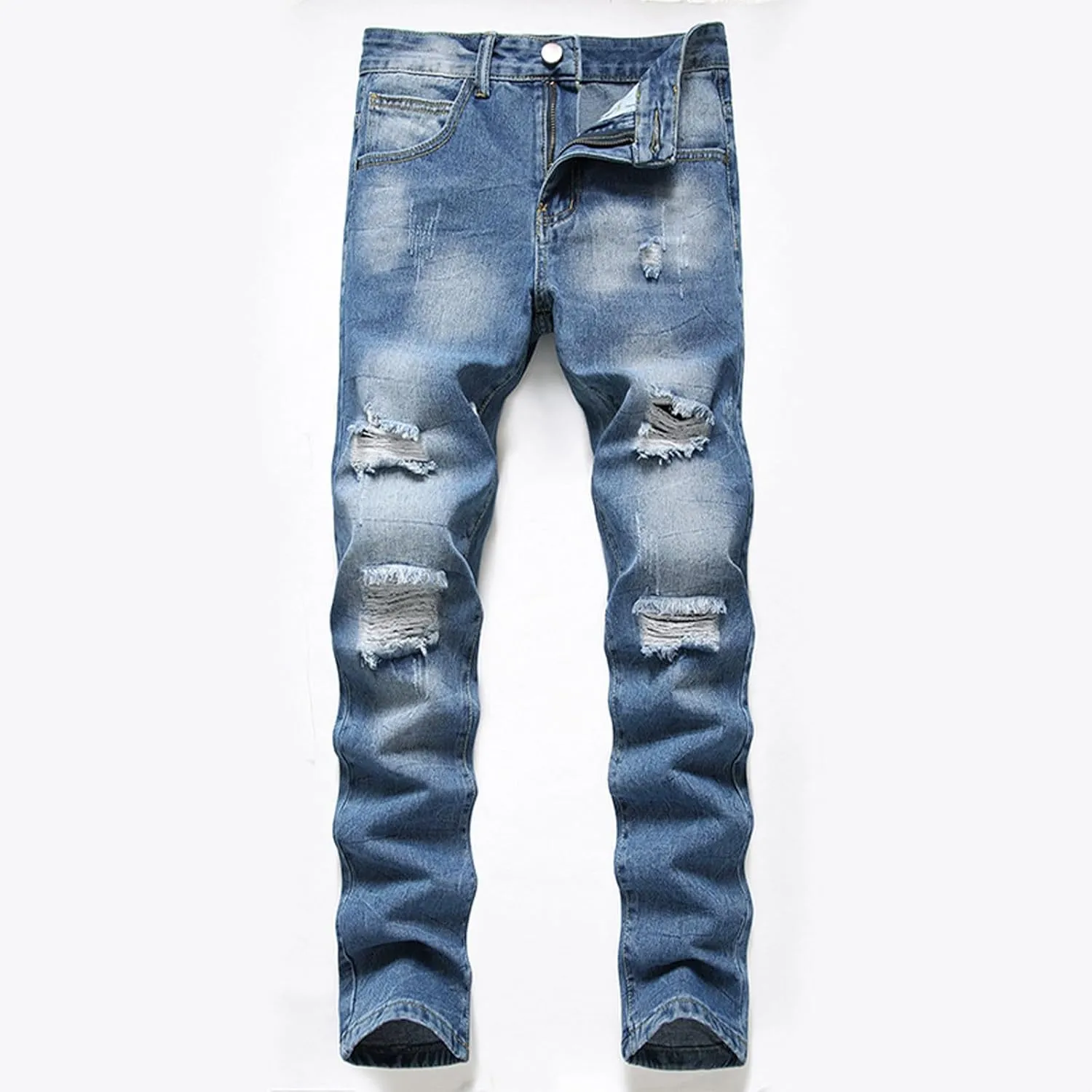Slim Fit Ripped Jeans for Men Destroyed Distressed Stretch Slim Jeans Pants Hip Hop Y2K Streetwear Denim Pants