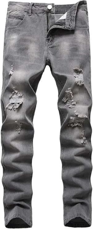 Slim Fit Ripped Jeans for Men Destroyed Distressed Stretch Slim Jeans Pants Hip Hop Y2K Streetwear Denim Pants