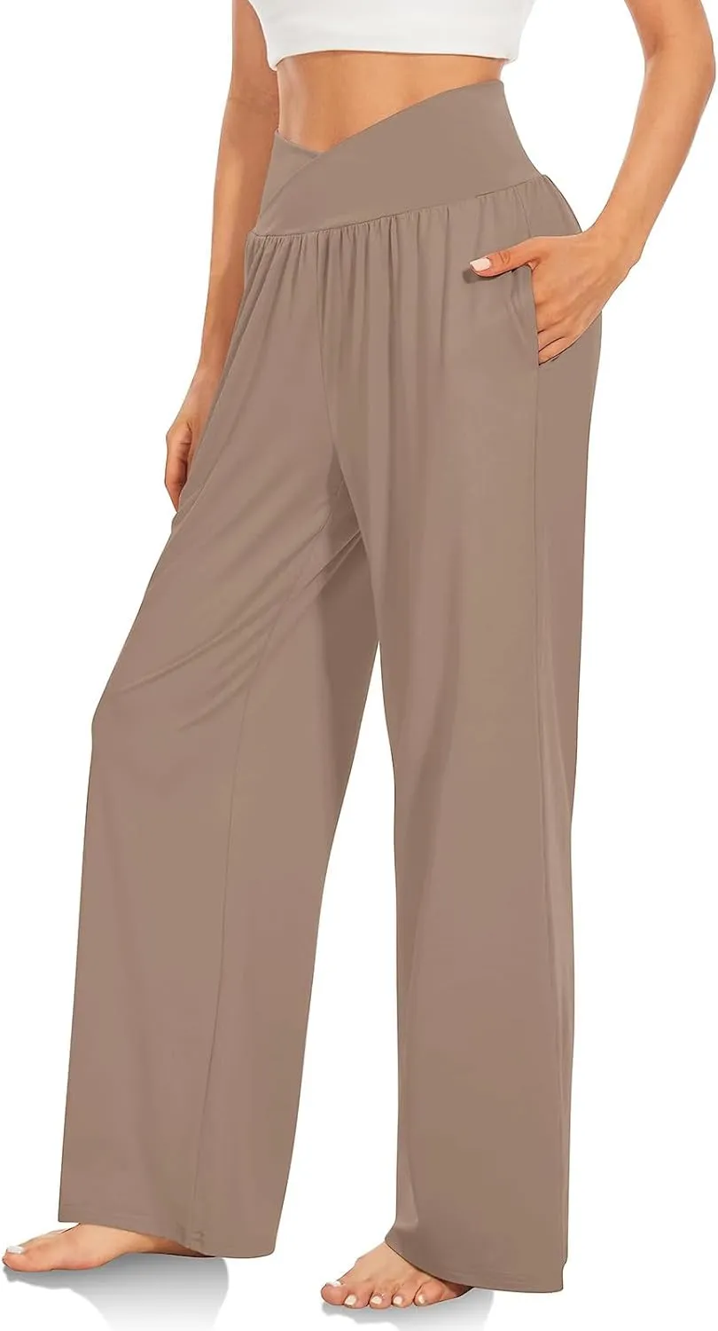 SMIDOW Womens Wide Leg Yoga Pants with Pockets Casual Loose High Waist Workout Pants Comfy Lounge Trousers Bootcut