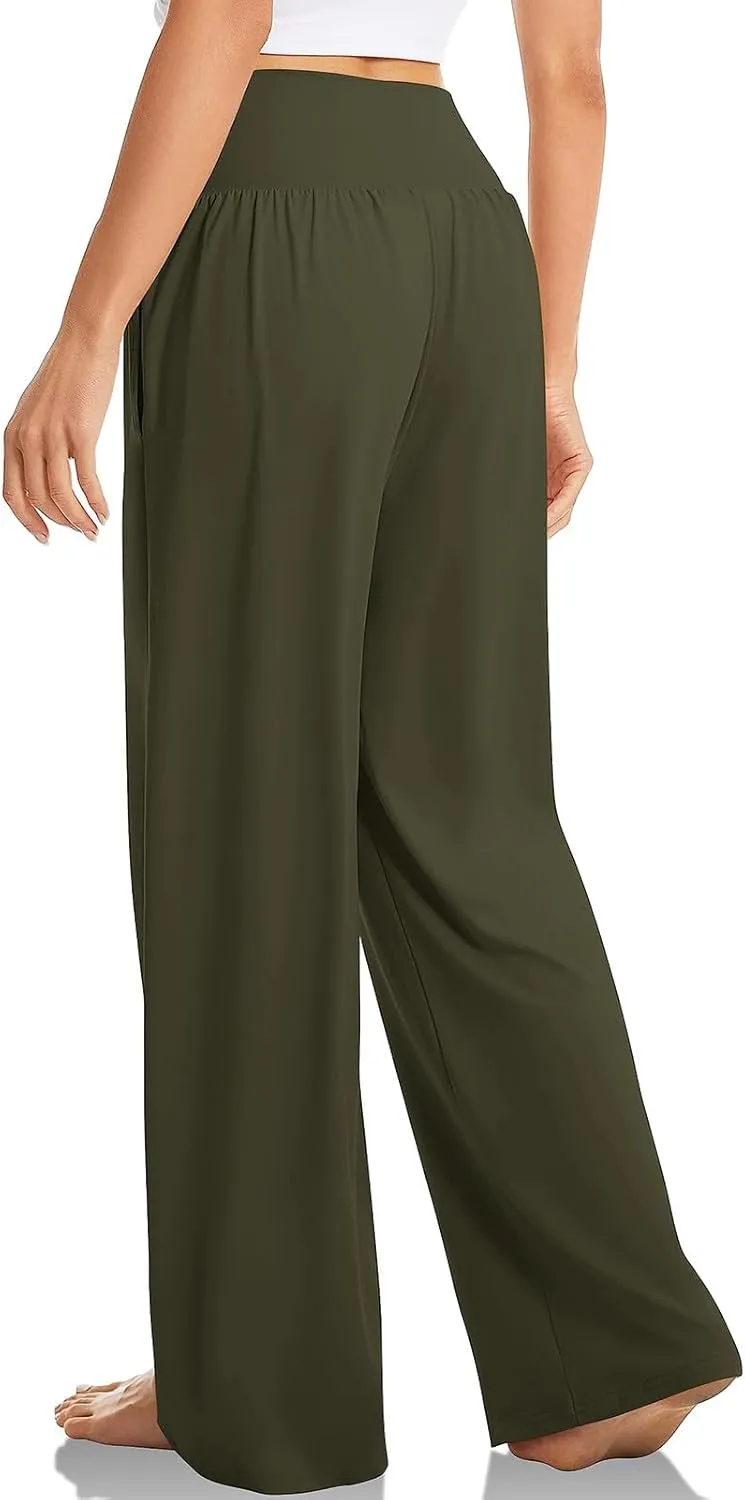 SMIDOW Womens Wide Leg Yoga Pants with Pockets Casual Loose High Waist Workout Pants Comfy Lounge Trousers Bootcut