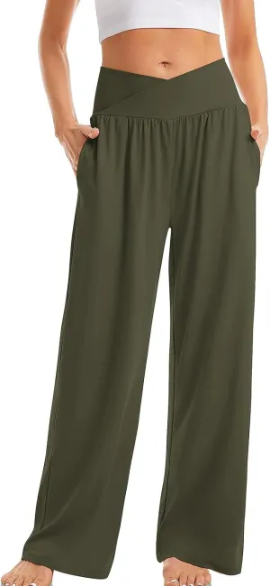SMIDOW Womens Wide Leg Yoga Pants with Pockets Casual Loose High Waist Workout Pants Comfy Lounge Trousers Bootcut