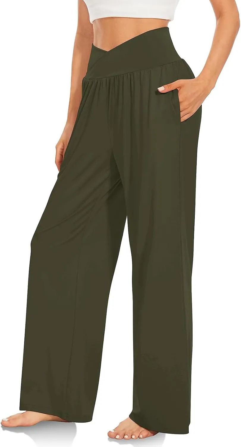 SMIDOW Womens Wide Leg Yoga Pants with Pockets Casual Loose High Waist Workout Pants Comfy Lounge Trousers Bootcut