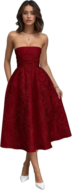 SoDigne Strapless Floral Jacquard Satin 2025 Midi Prom Dresses Tea Length A Line Evening Party Gown