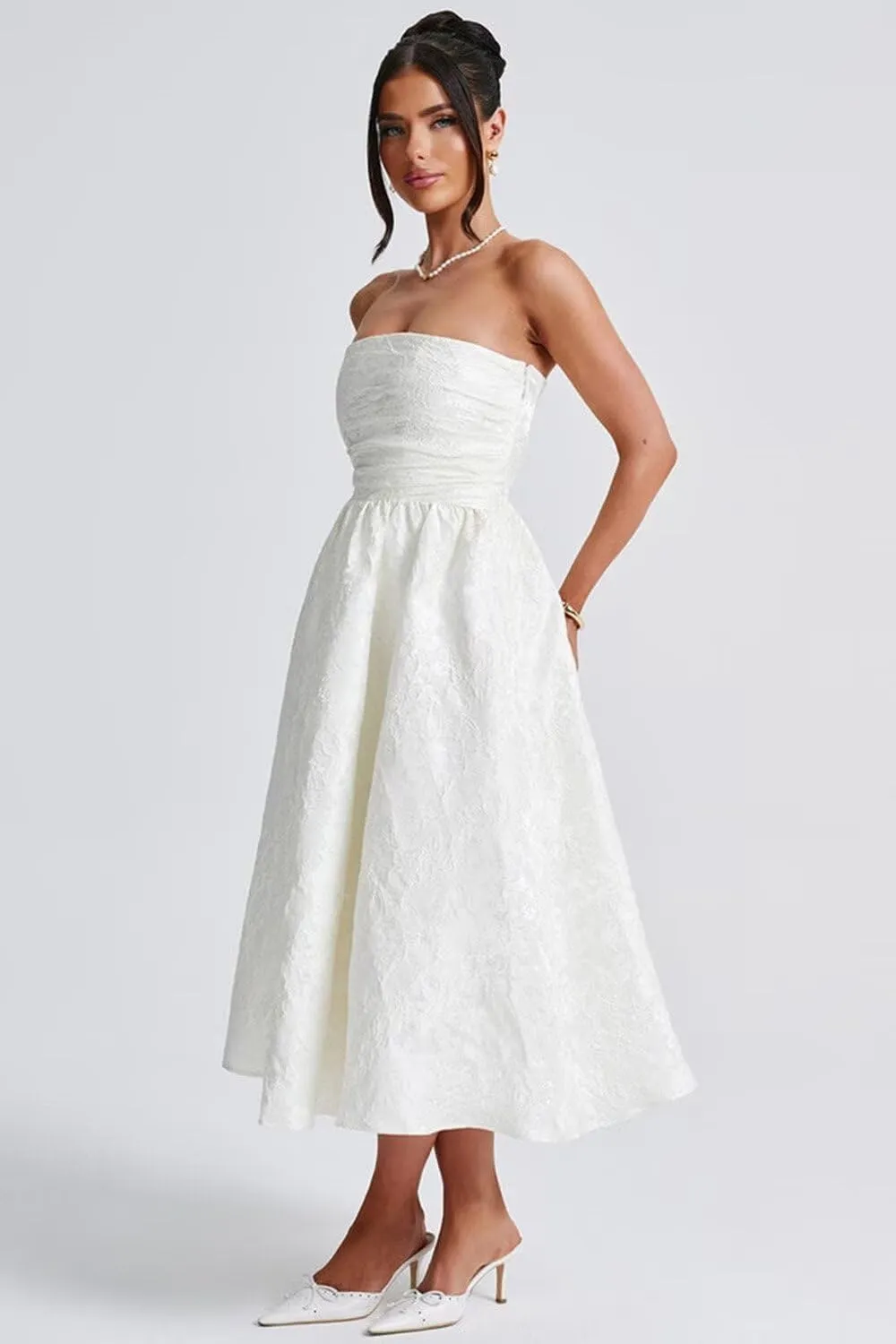 SoDigne Strapless Floral Jacquard Satin 2025 Midi Prom Dresses Tea Length A Line Evening Party Gown