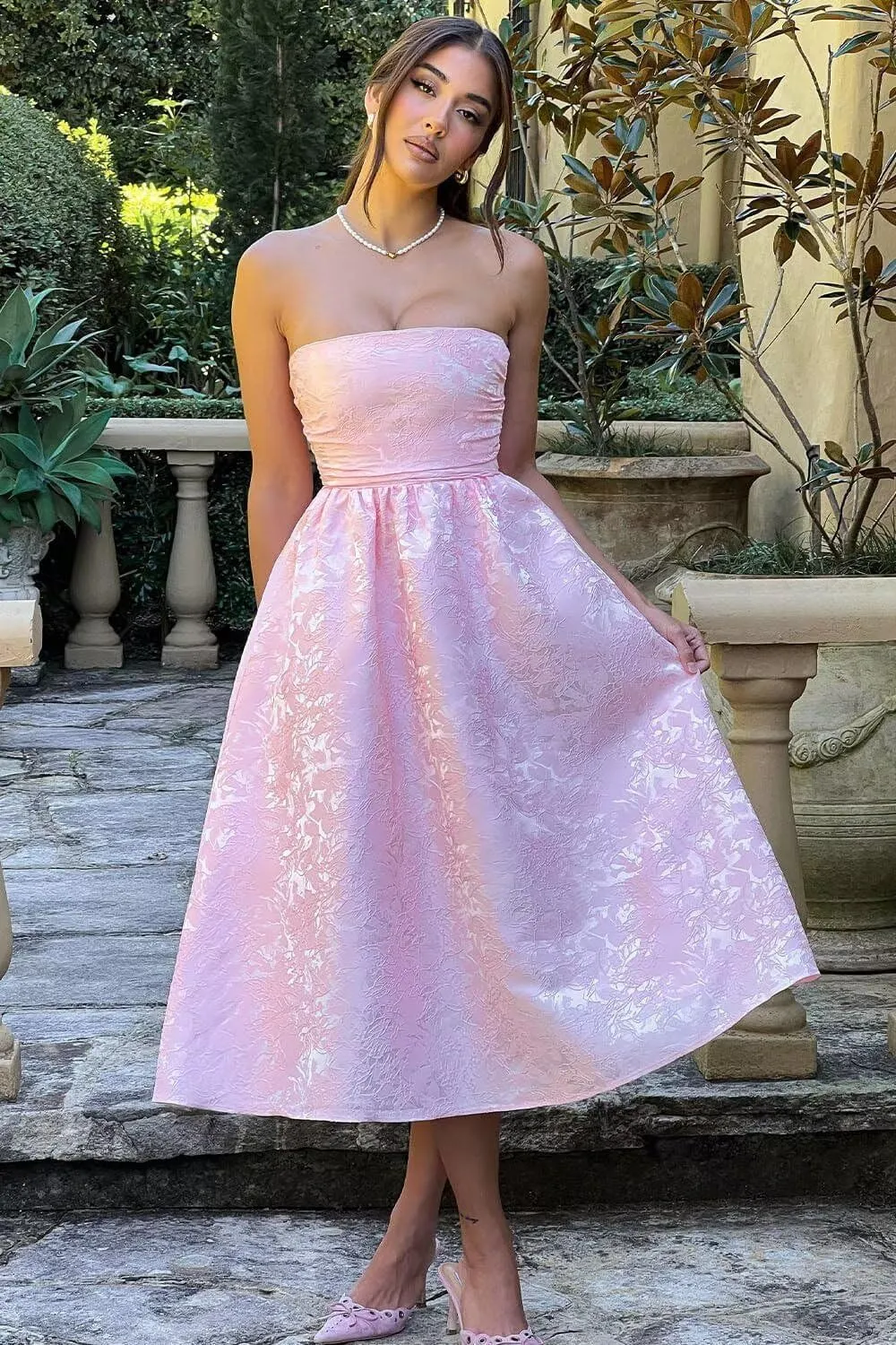 SoDigne Strapless Floral Jacquard Satin 2025 Midi Prom Dresses Tea Length A Line Evening Party Gown
