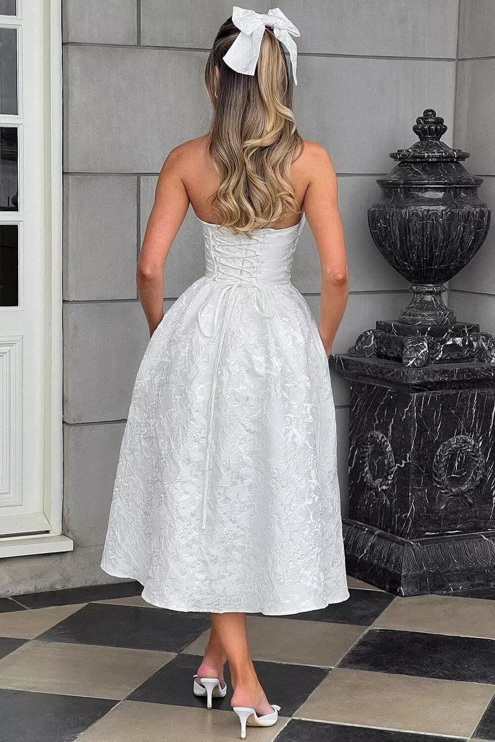 SoDigne Strapless Floral Jacquard Satin 2025 Midi Prom Dresses Tea Length A Line Evening Party Gown