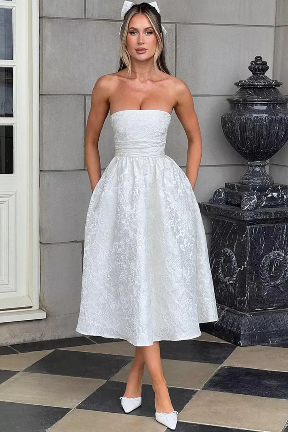 SoDigne Strapless Floral Jacquard Satin 2025 Midi Prom Dresses Tea Length A Line Evening Party Gown