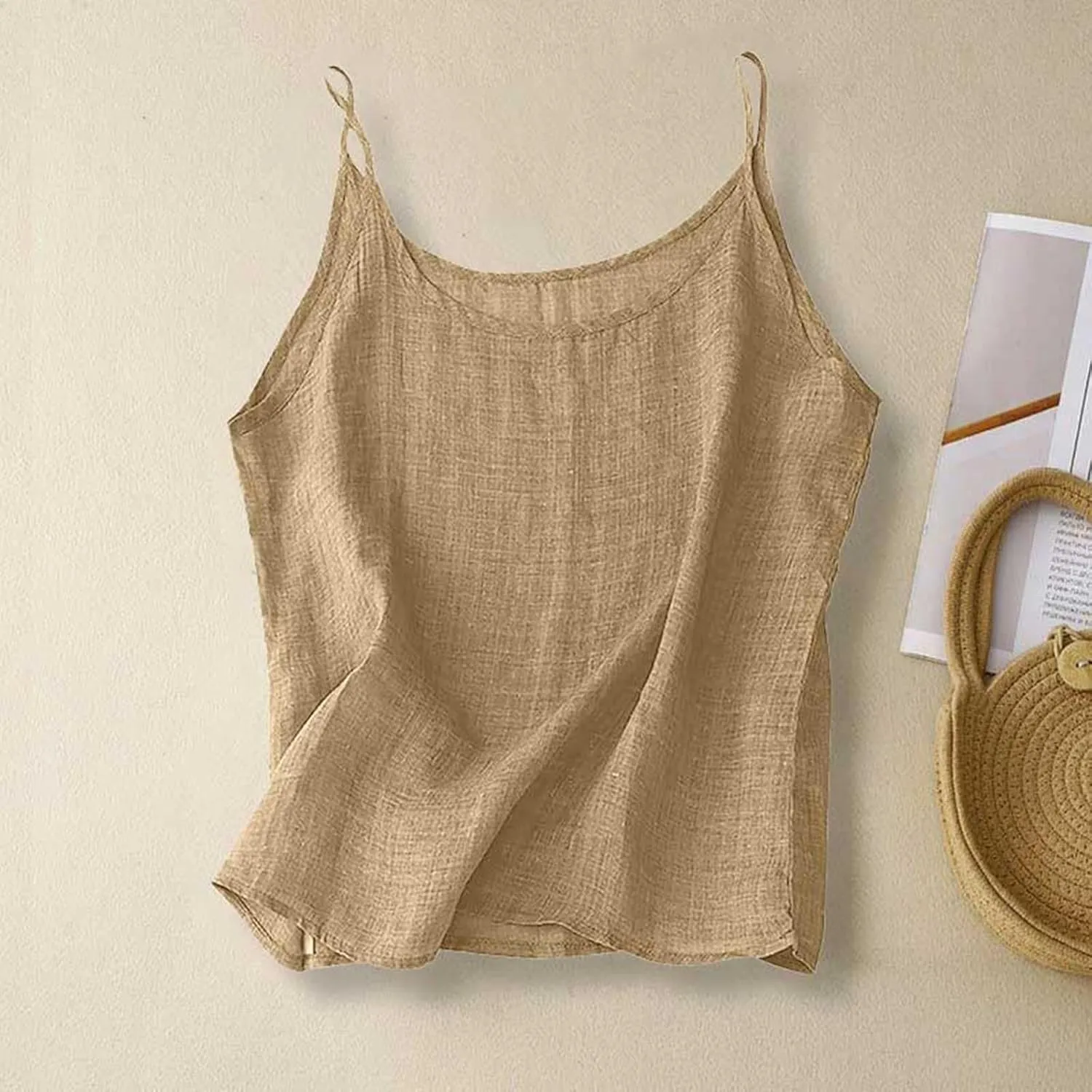 Spaghetti Strap Peplum Tops for Women Trendy Loose Fit Tank Cotton Linen Sleeveless Shirts Casual Vacation Outfits