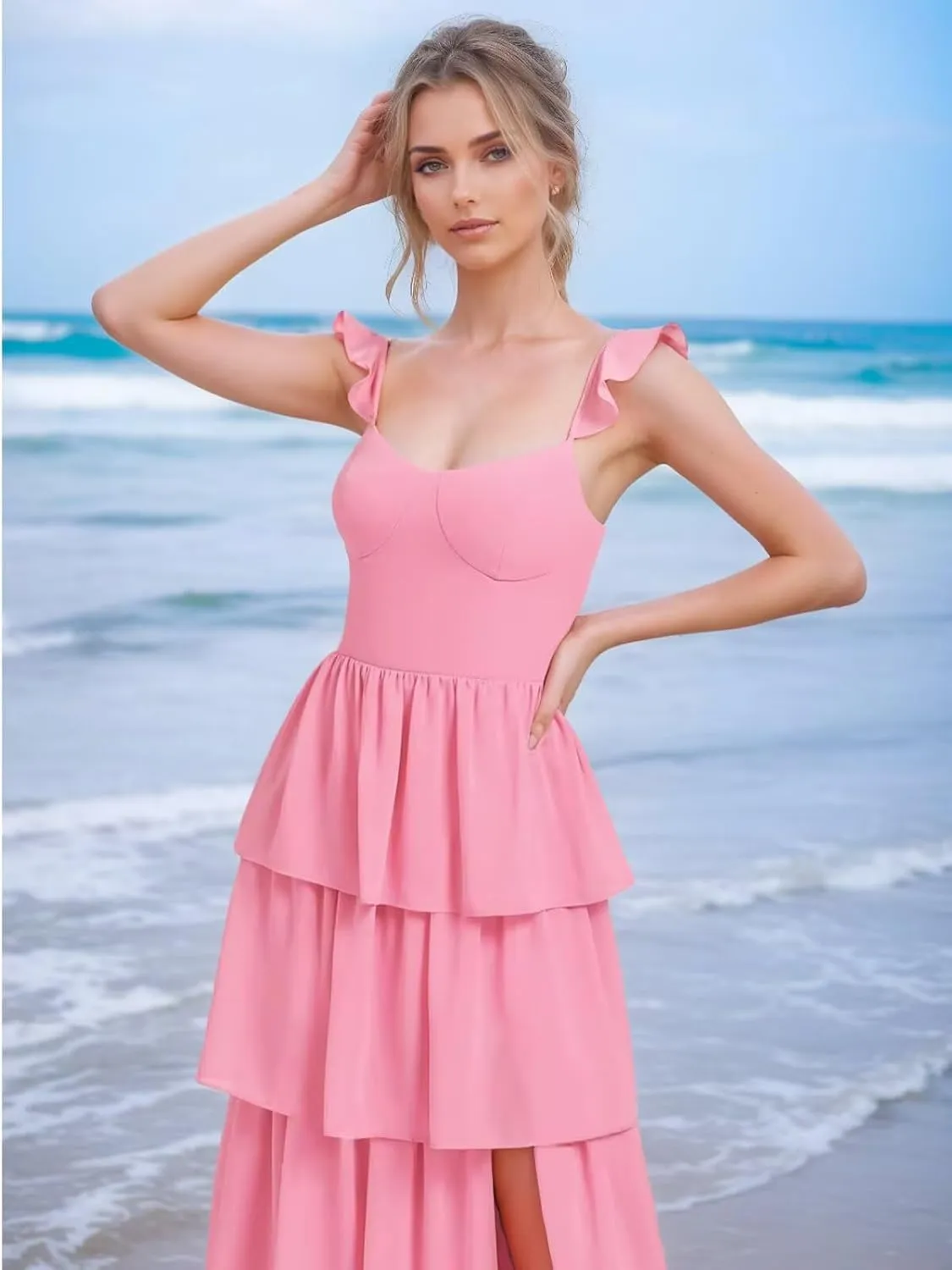 Spaghetti Straps Bridesmaid Dresses for Women Ruffles Chiffon Prom Dress Long Tiered Formal Evening Dresses with Slit