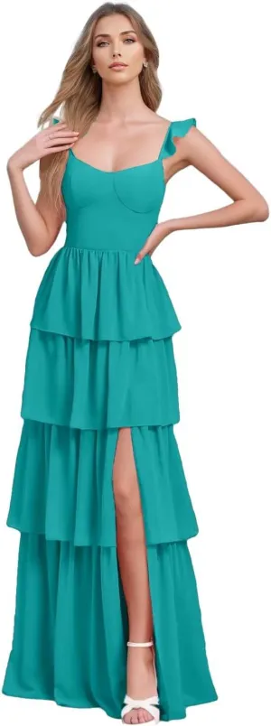 Spaghetti Straps Bridesmaid Dresses for Women Ruffles Chiffon Prom Dress Long Tiered Formal Evening Dresses with Slit