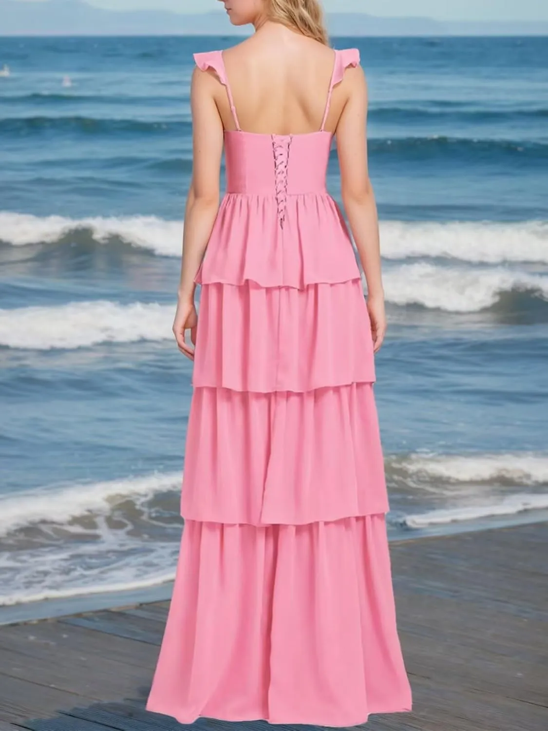 Spaghetti Straps Bridesmaid Dresses for Women Ruffles Chiffon Prom Dress Long Tiered Formal Evening Dresses with Slit