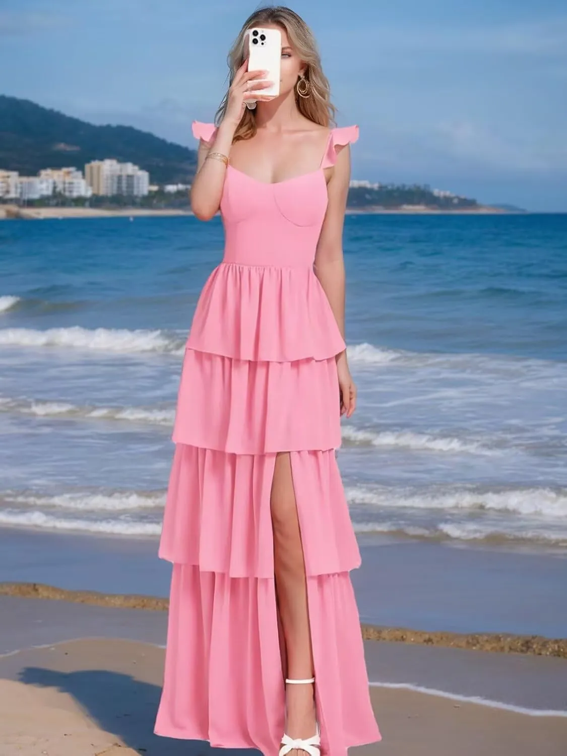 Spaghetti Straps Bridesmaid Dresses for Women Ruffles Chiffon Prom Dress Long Tiered Formal Evening Dresses with Slit