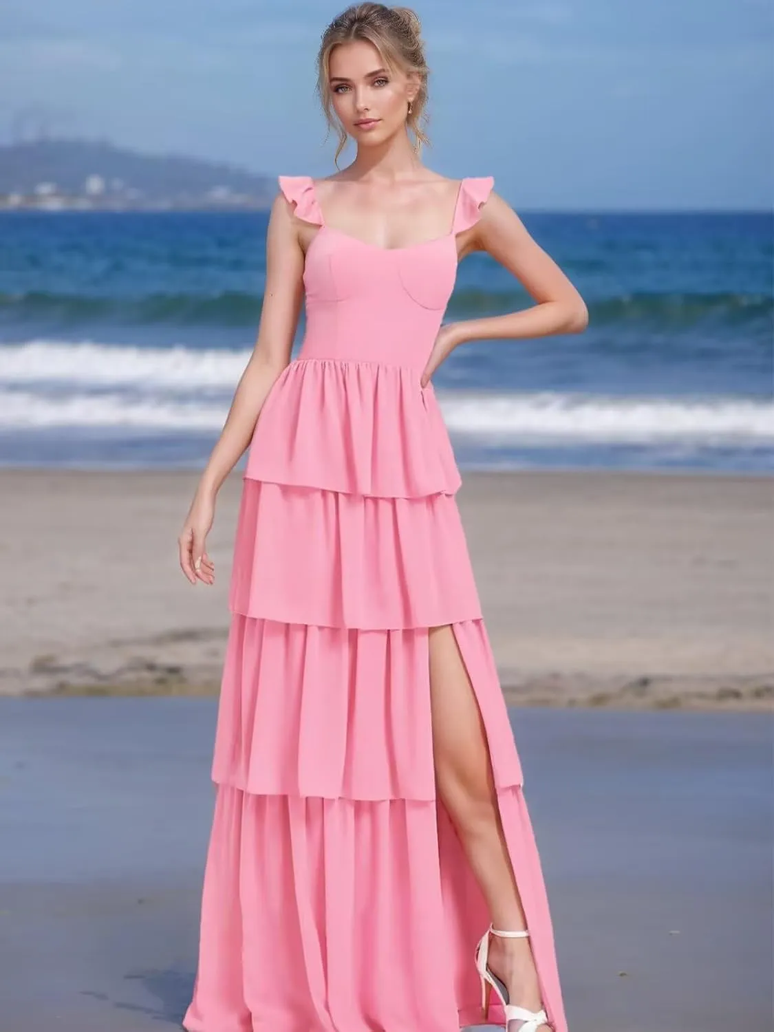 Spaghetti Straps Bridesmaid Dresses for Women Ruffles Chiffon Prom Dress Long Tiered Formal Evening Dresses with Slit