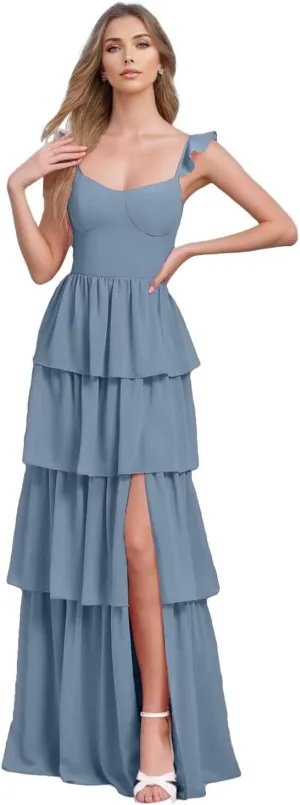 Spaghetti Straps Bridesmaid Dresses for Women Ruffles Chiffon Prom Dress Long Tiered Formal Evening Dresses with Slit
