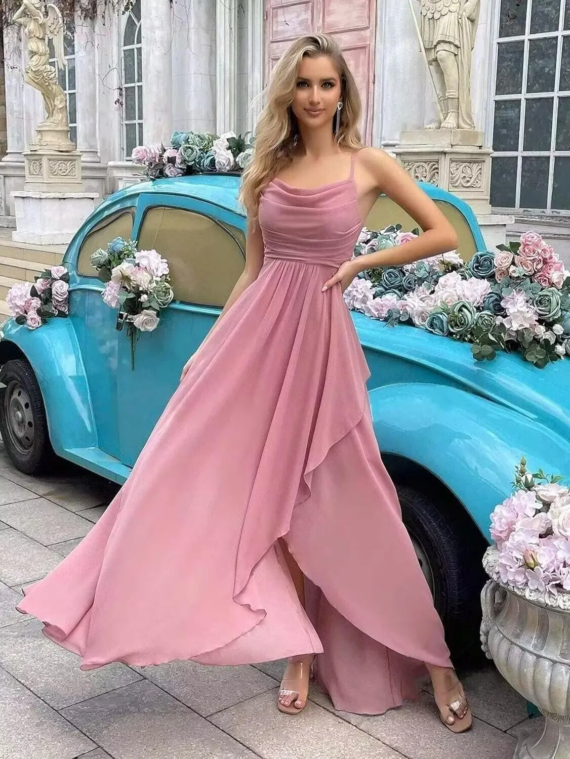 Spaghetti Straps Ruffle Chiffon Bridesmaid Dresses Long with Slit A Line Formal Dress for Women