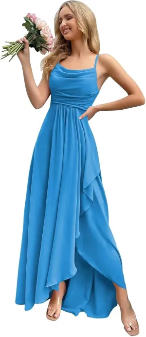 Spaghetti Straps Ruffle Chiffon Bridesmaid Dresses Long with Slit A Line Formal Dress for Women