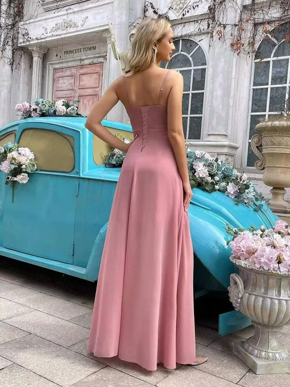 Spaghetti Straps Ruffle Chiffon Bridesmaid Dresses Long with Slit A Line Formal Dress for Women