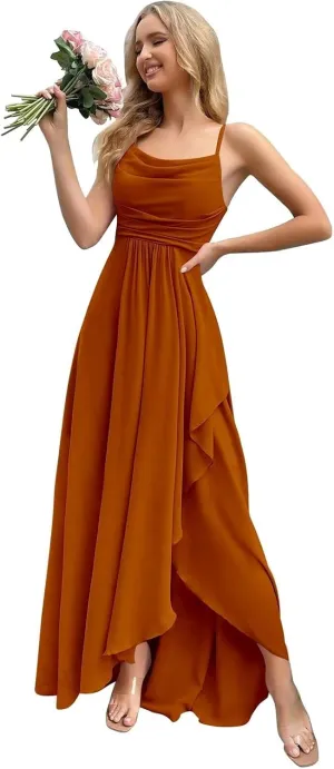 Spaghetti Straps Ruffle Chiffon Bridesmaid Dresses Long with Slit A Line Formal Dress for Women