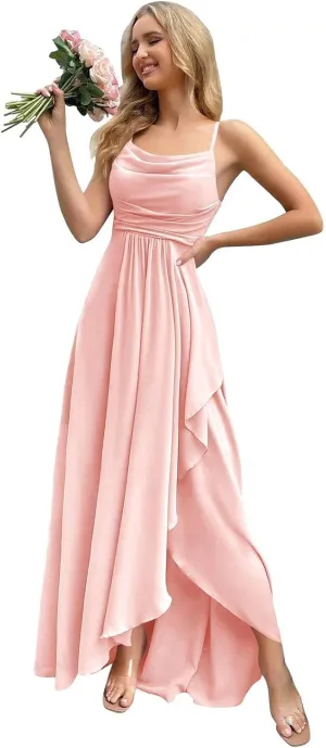 Spaghetti Straps Ruffle Chiffon Bridesmaid Dresses Long with Slit A Line Formal Dress for Women