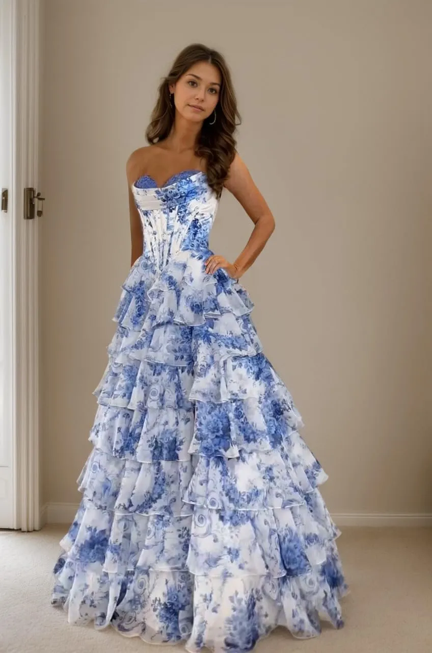 Strapless Floral Prom Dresses Tiered Chiffon Long Ball Gown Corset Sweetheart Formal Evening Gowns for Women