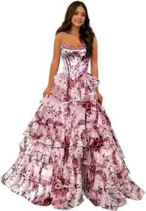 Strapless Floral Prom Dresses Tiered Chiffon Long Ball Gown Corset Sweetheart Formal Evening Gowns for Women