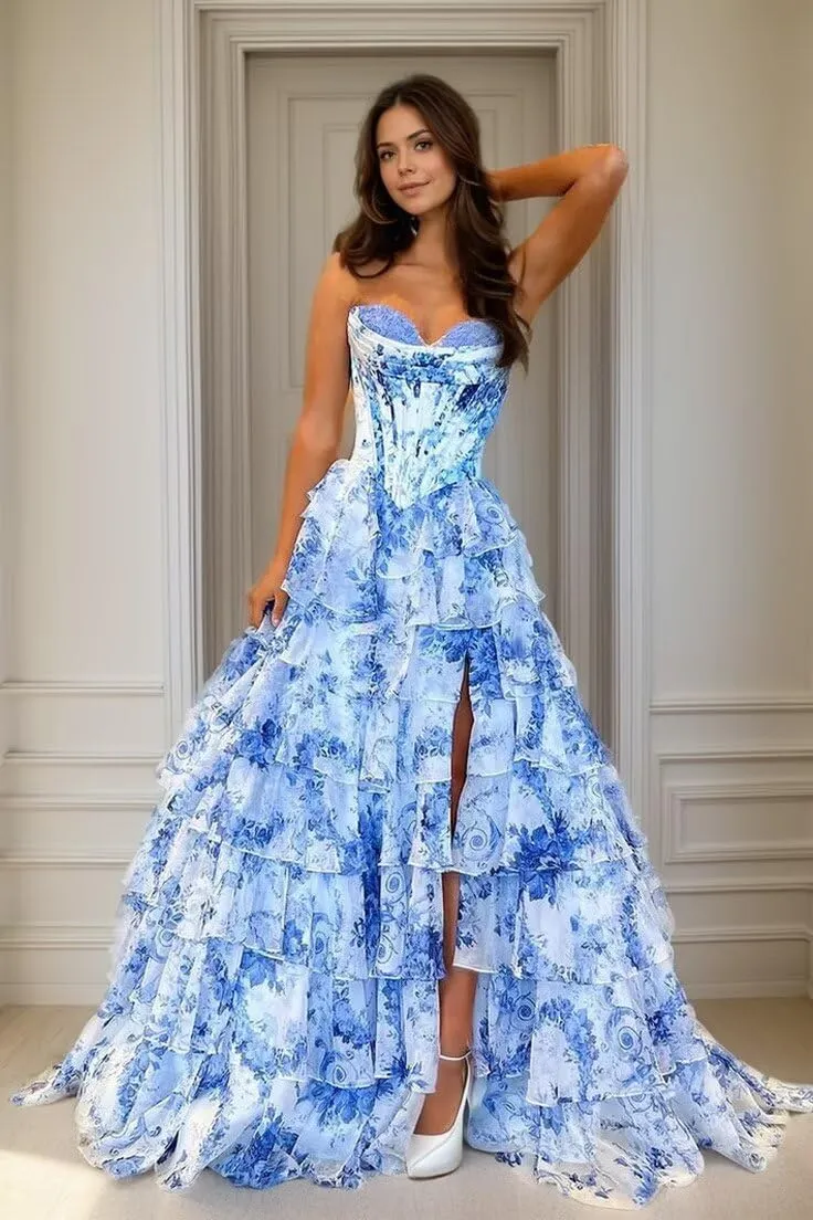 Strapless Floral Prom Dresses Tiered Chiffon Long Ball Gown Corset Sweetheart Formal Evening Gowns for Women