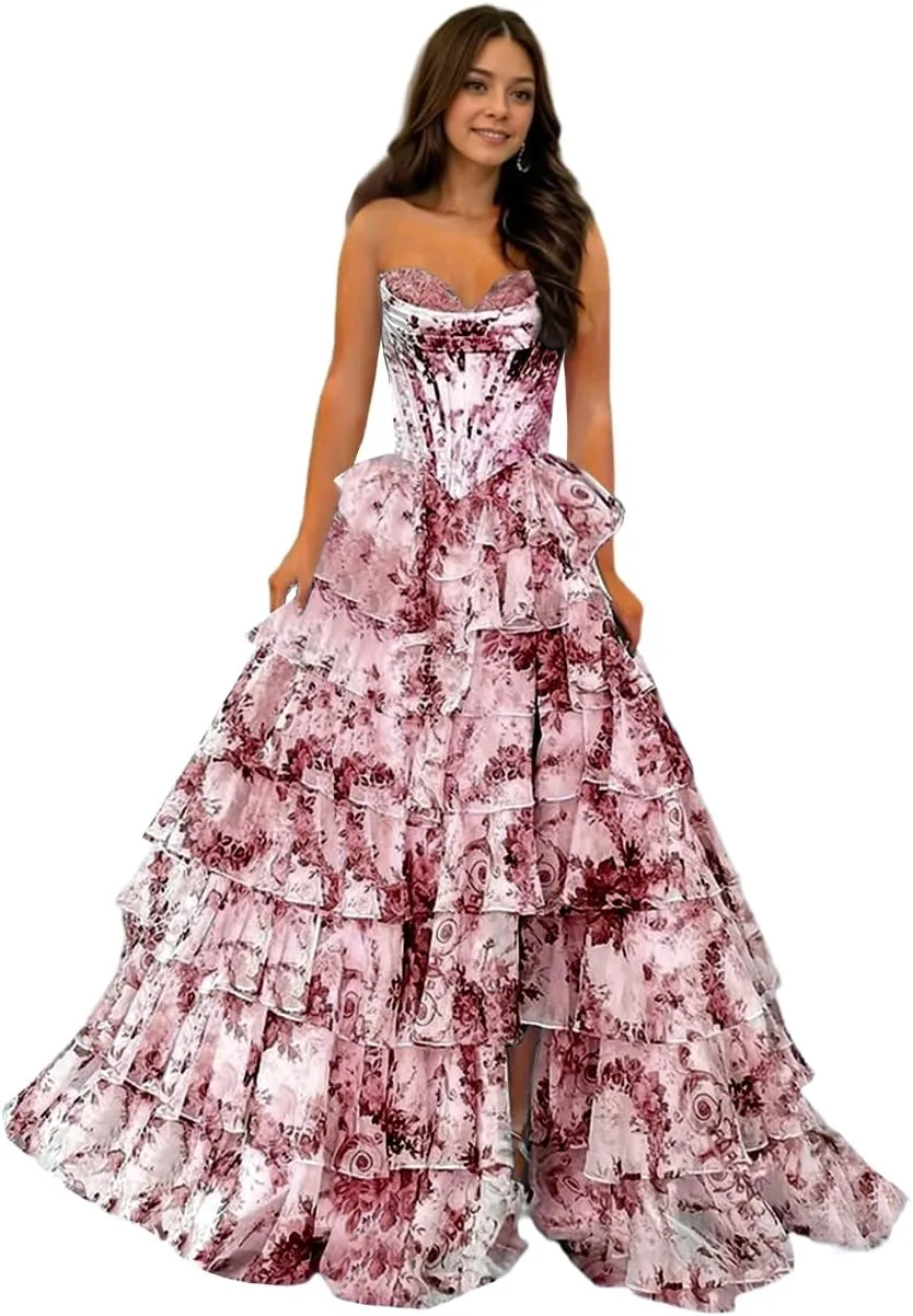 Strapless Floral Prom Dresses Tiered Chiffon Long Ball Gown Corset Sweetheart Formal Evening Gowns for Women