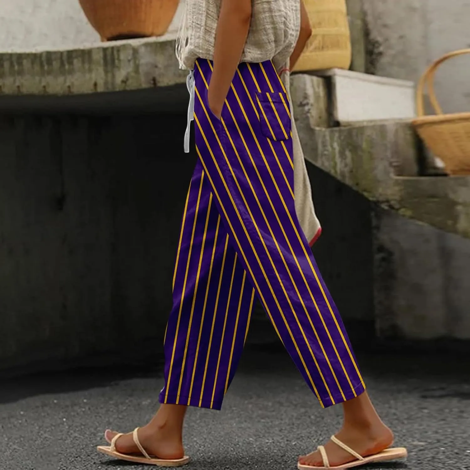 Striped Linen Pants Women Elastic Waist Trendy Drawstring Capri Pants Casual Loose Summer Beach Trouser