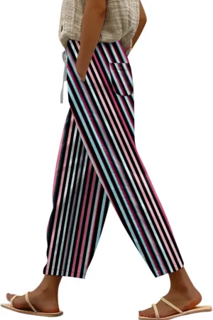 Striped Linen Pants Women Elastic Waist Trendy Drawstring Capri Pants Casual Loose Summer Beach Trouser