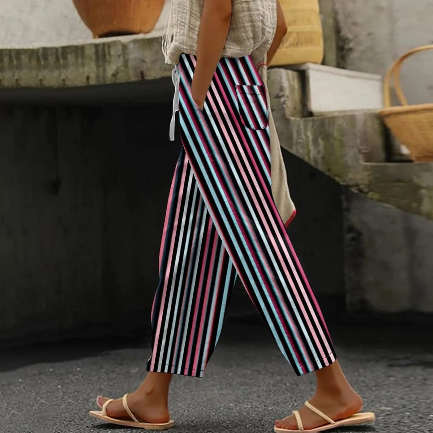Striped Linen Pants Women Elastic Waist Trendy Drawstring Capri Pants Casual Loose Summer Beach Trouser