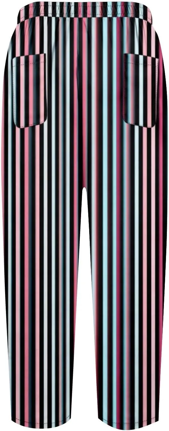 Striped Linen Pants Women Elastic Waist Trendy Drawstring Capri Pants Casual Loose Summer Beach Trouser