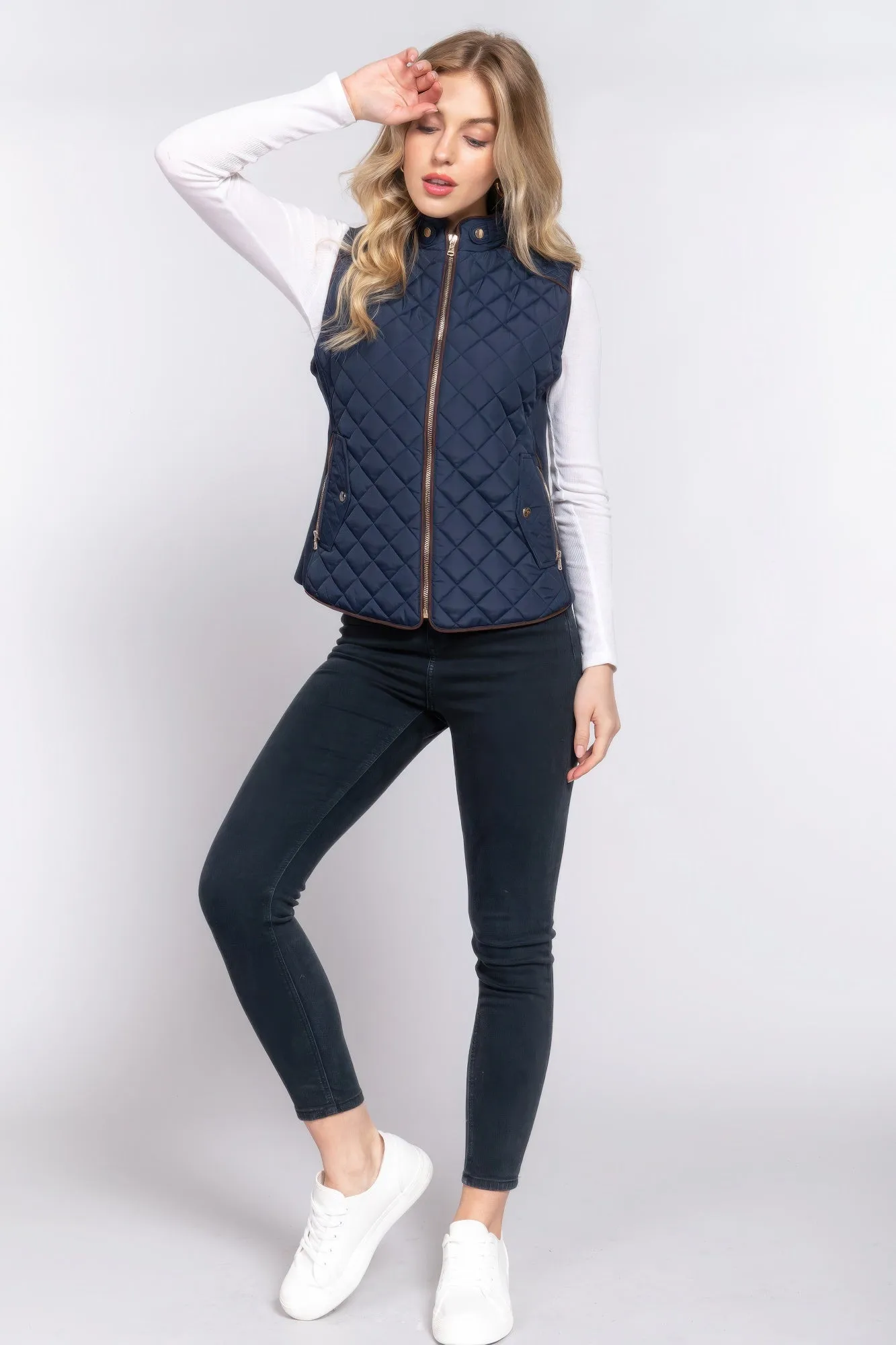 Stylish Suede Piping Quilted Top Vest