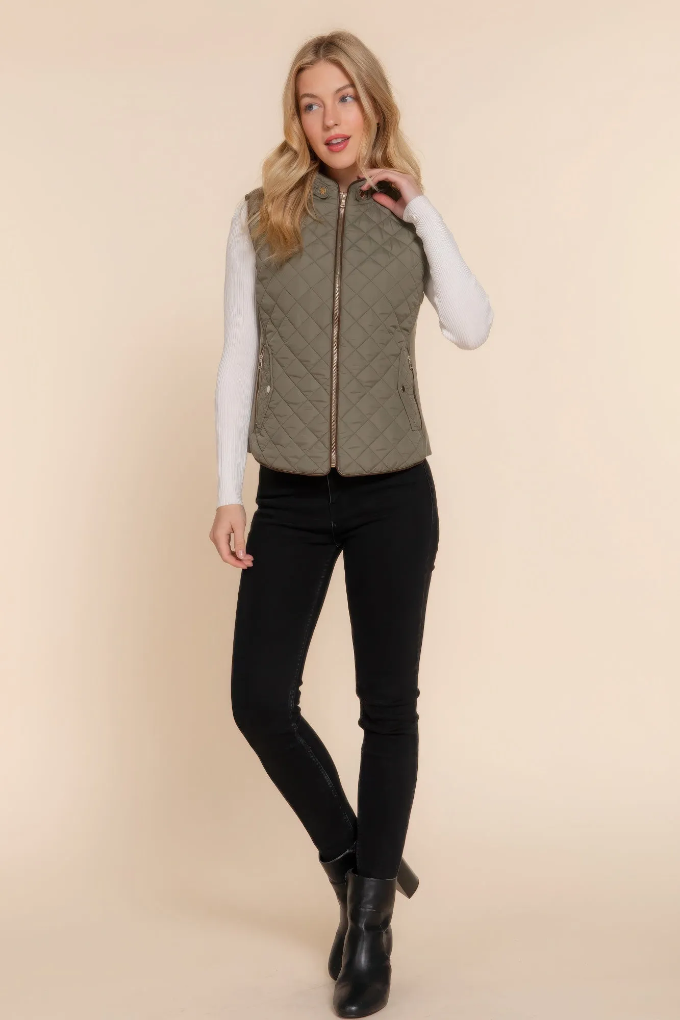 Stylish Suede Piping Quilted Top Vest