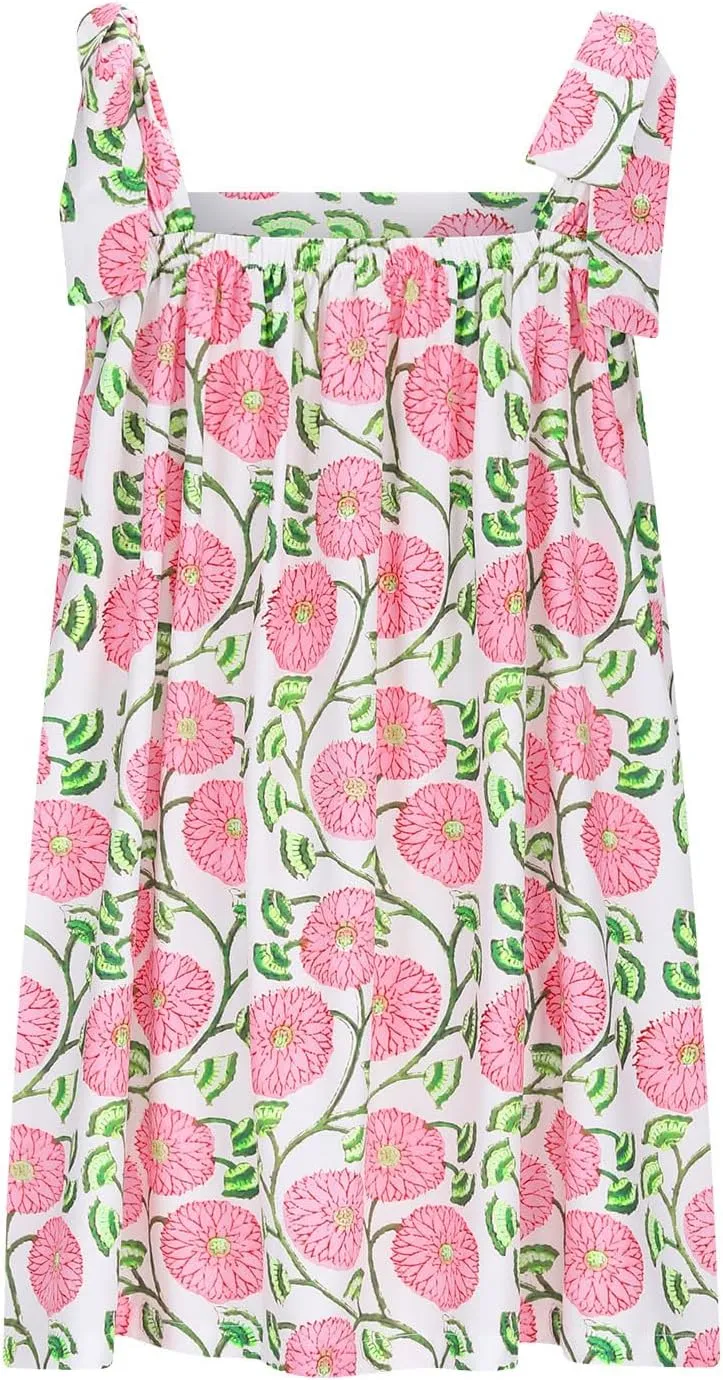 Summer Bohemian Mini Dress for Women Tie Shoulder Sleeveless Square Neck Babydoll Beach Dresess Cute Floral Sundress