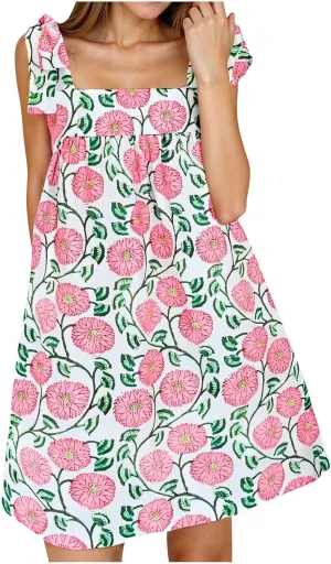 Summer Bohemian Mini Dress for Women Tie Shoulder Sleeveless Square Neck Babydoll Beach Dresess Cute Floral Sundress