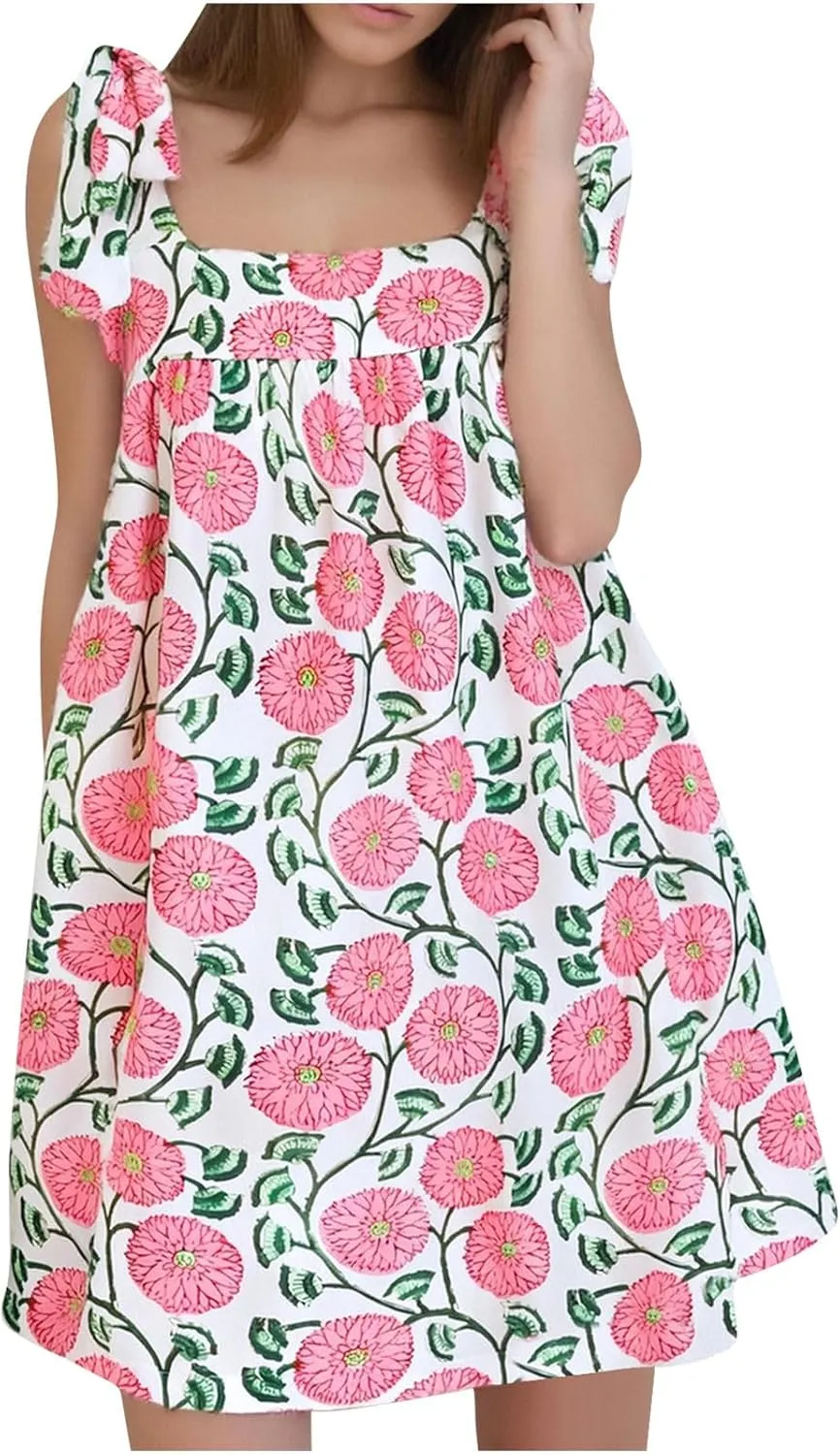Summer Bohemian Mini Dress for Women Tie Shoulder Sleeveless Square Neck Babydoll Beach Dresess Cute Floral Sundress