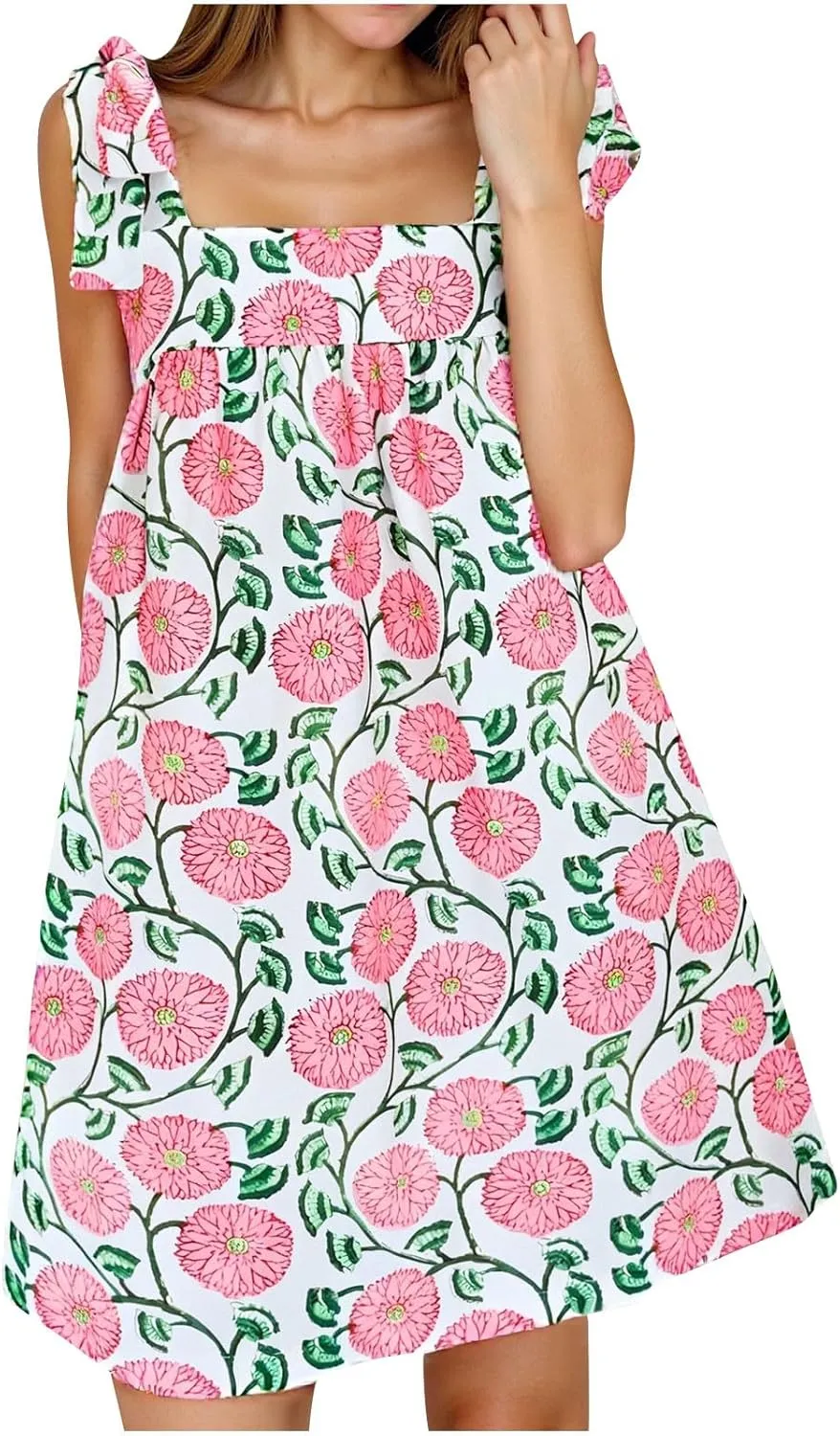 Summer Bohemian Mini Dress for Women Tie Shoulder Sleeveless Square Neck Babydoll Beach Dresess Cute Floral Sundress