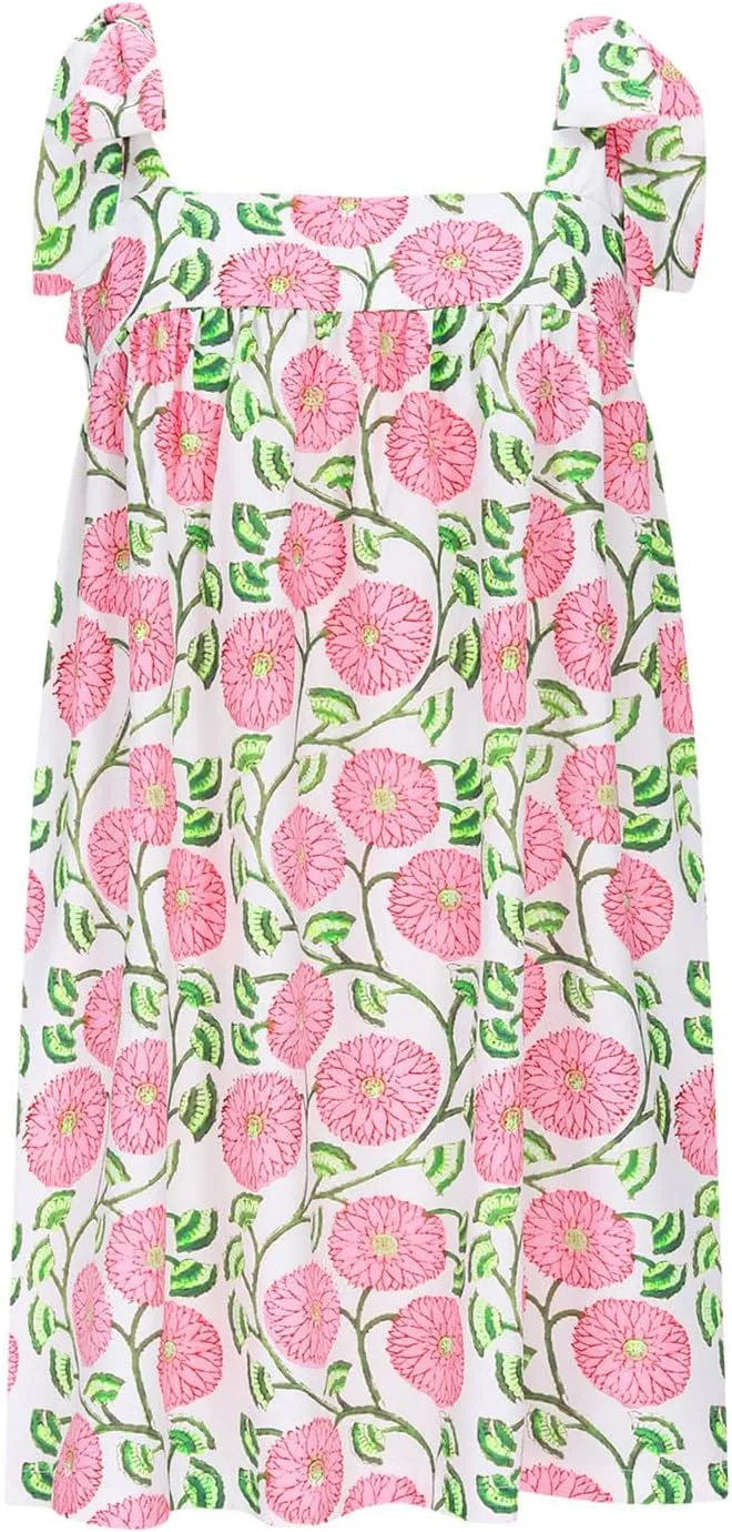 Summer Bohemian Mini Dress for Women Tie Shoulder Sleeveless Square Neck Babydoll Beach Dresess Cute Floral Sundress