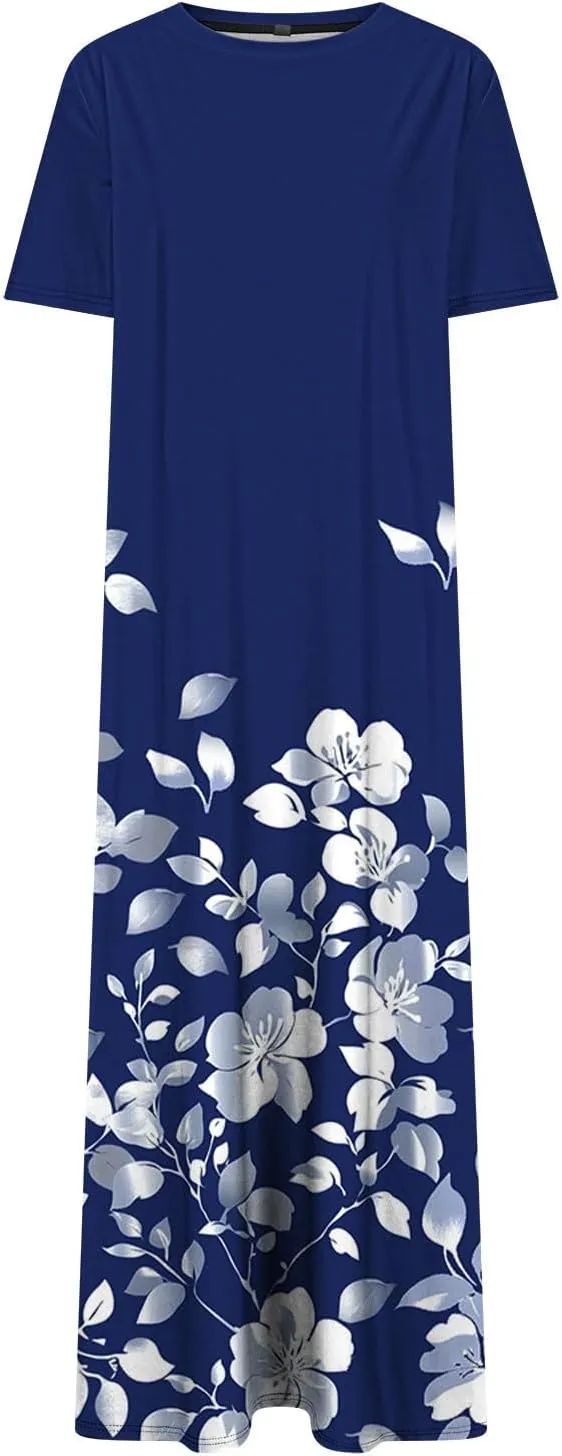 Summer Dress for Women Casual Loose Short Sleeve Long T Shirt Dress Split Maxi Beach Floral Sundress Vacation Outfits