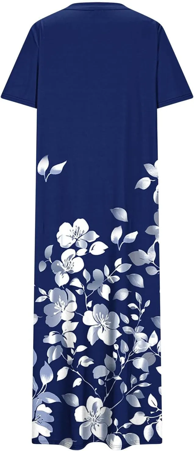 Summer Dress for Women Casual Loose Short Sleeve Long T Shirt Dress Split Maxi Beach Floral Sundress Vacation Outfits
