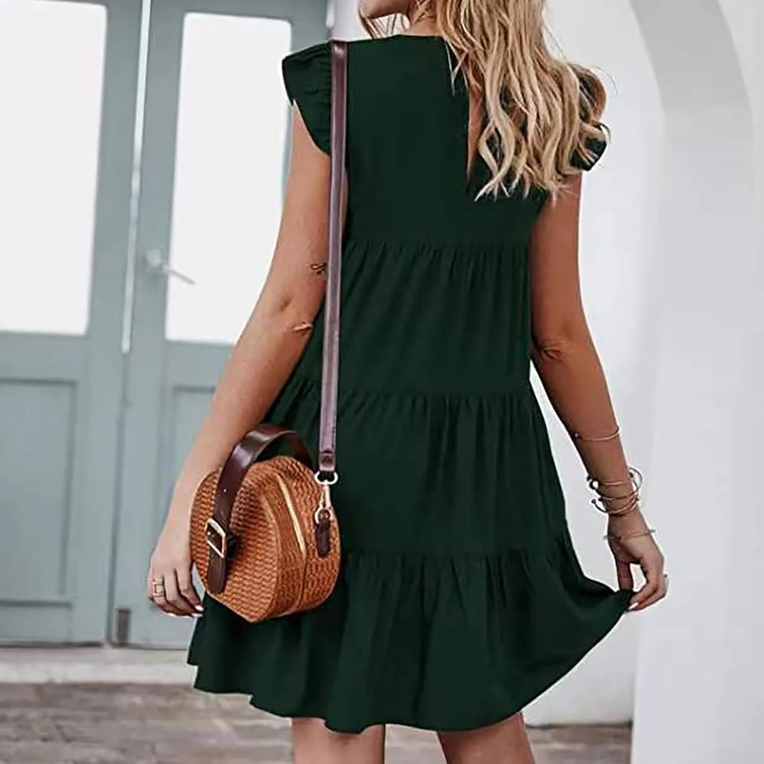 Summer Dresses for Women 2024 Cute Boho Cap Sleeve Ruffle Swing Mini Babydoll Dress Beach Vacation Sundresses
