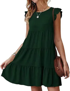 Summer Dresses for Women 2024 Cute Boho Cap Sleeve Ruffle Swing Mini Babydoll Dress Beach Vacation Sundresses