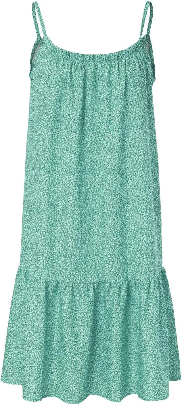Summer Dresses for Women 2024 Floral Printed Ruffle Hem Spaghetti Sundresses Sleeveless Crewneck Beach Midi Dress