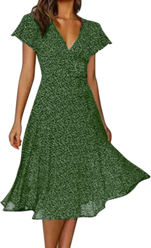 Summer Dresses for Women 2024 Plus Size Wedding Guest Cold Shoulder Pleated Beach a Line Flowy V Neck Long Sleeve Summer Midi Dress for Women Sundresses for Women Casual Beach Petite